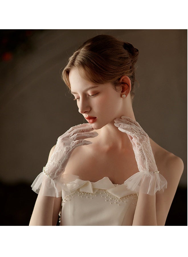 Women's Lace Gloves - Elegant Short Lace Net Gloves for Bridal Wear - Sheer Delicate Lace Pearl Gloves for Weddings, Formal Events, Tea Parties, Opera, for Bridal Gowns (white) - Image 4